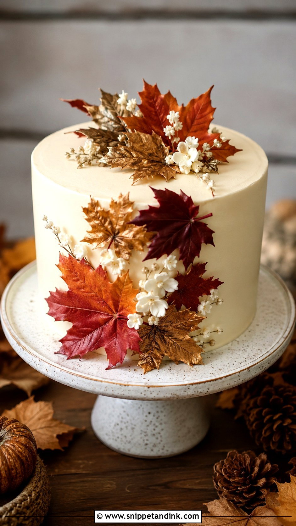 Single Tier Wedding Cake With Autumn Leaves - Snippet and Ink - 30 Rustic Fall Single Tier Wedding Cake Ideas
