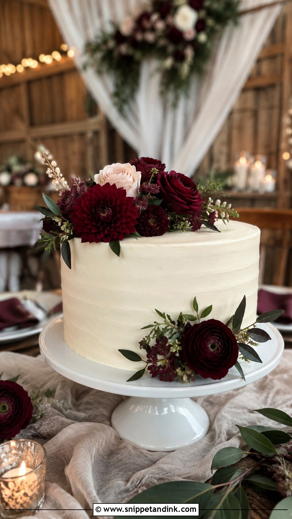 Single Tier Wedding Cake With Burgundy Flowers - Snippet and Ink - 30 Rustic Fall Single Tier Wedding Cake Ideas