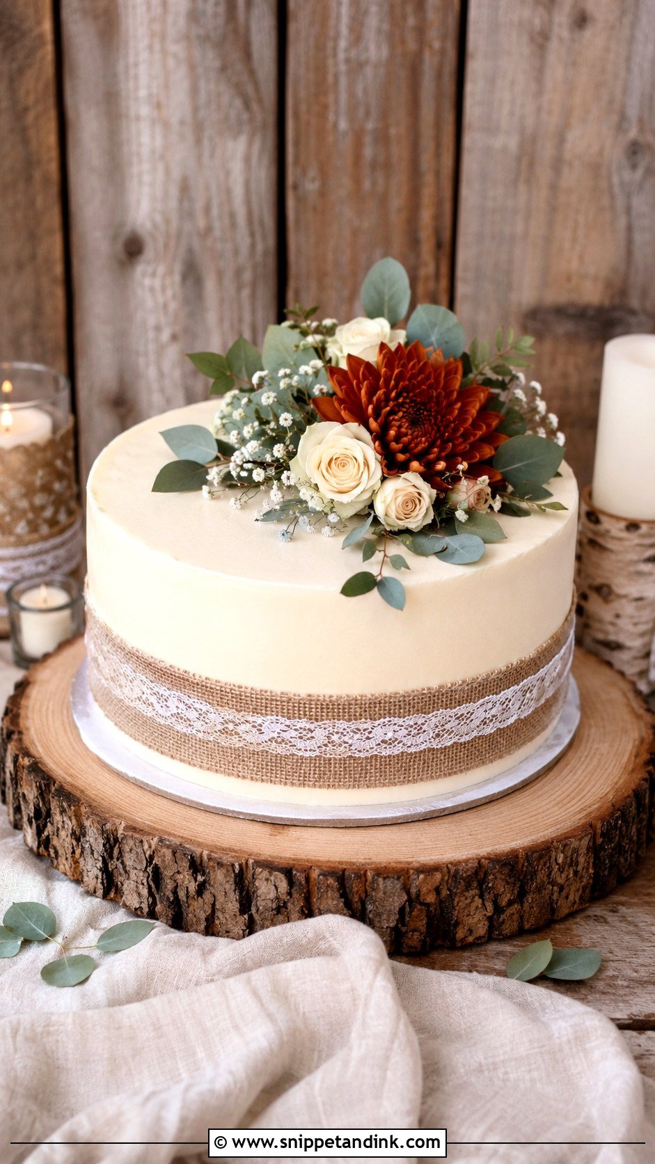 Single Tier Wedding Cake With Burlap Ribbon - Snippet and Ink - 30 Rustic Fall Single Tier Wedding Cake Ideas