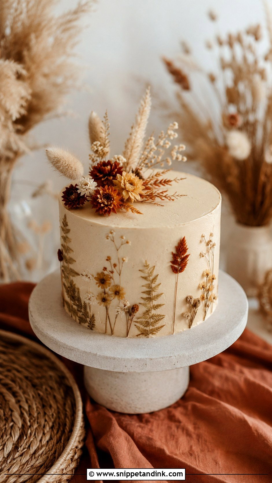 Single Tier Wedding Cake With Dried Flowers - Snippet and Ink - 30 Rustic Fall Single Tier Wedding Cake Ideas