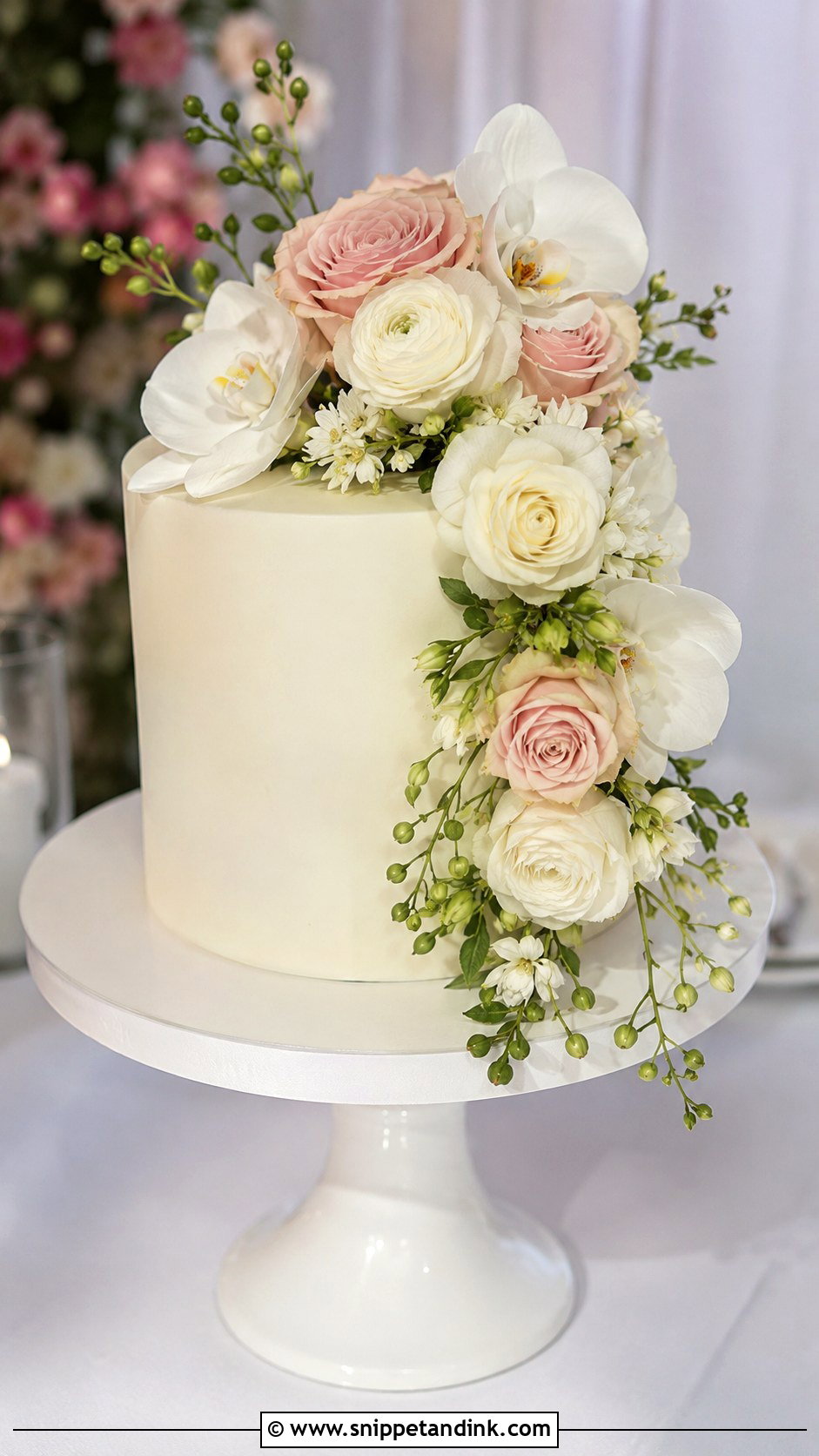 Single Tier Wedding Cake With Floral Cascade - Snippet and Ink - 20 Single Cake Designs for Wedding