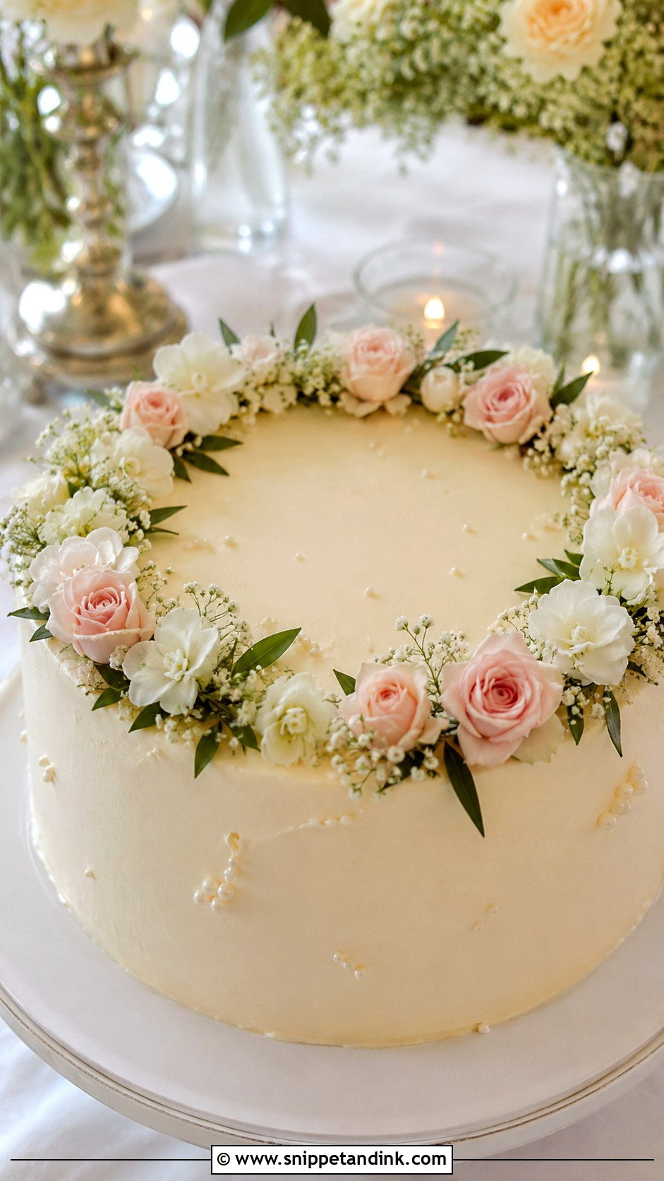 Single Tier Wedding Cake With Floral Wreath - Snippet and Ink - 20 Single Cake Designs for Wedding