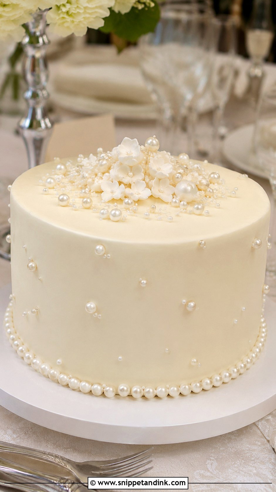 Single Tier Wedding Cake With Pearl Details - Snippet and Ink - 20 Single Cake Designs for Wedding