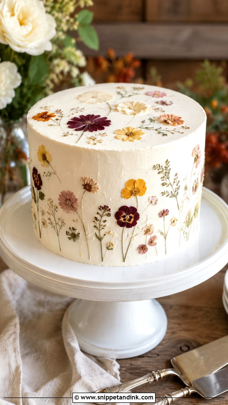 Single Tier Wedding Cake With Pressed Flowers - Snippet and Ink - 30 Rustic Fall Single Tier Wedding Cake Ideas