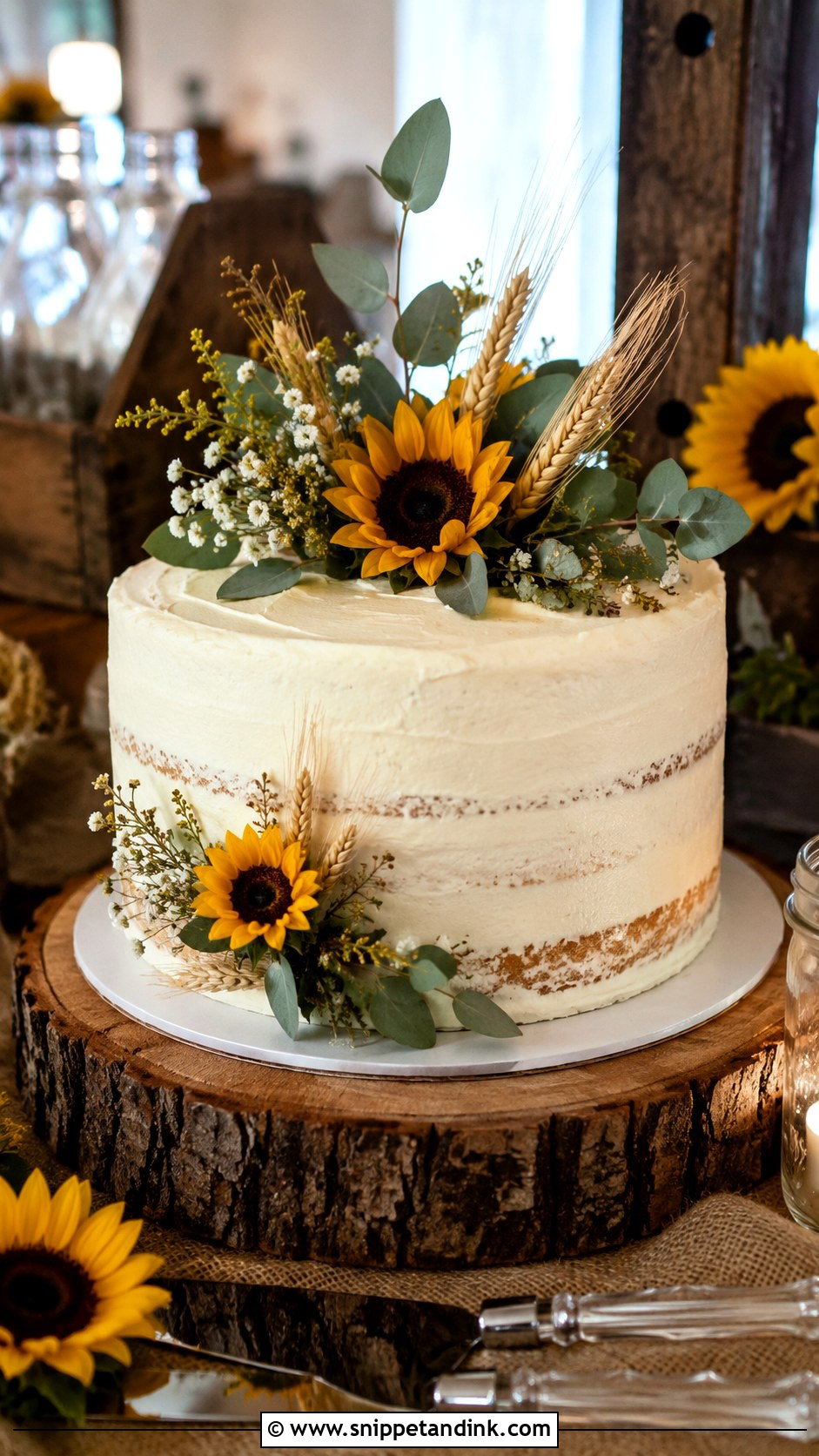 Single Tier Wedding Cake With Sunflowers - Snippet and Ink - 30 Rustic Fall Single Tier Wedding Cake Ideas