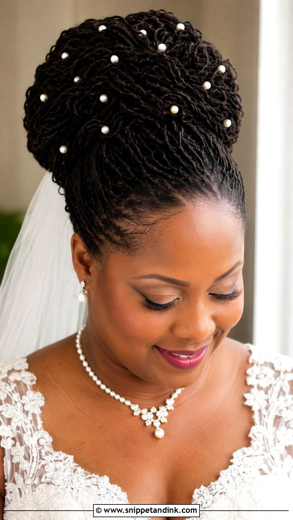 Sisterlocks Bun With Pearl Pins Wedding Hairstyle - Snippet and Ink - 15 Styling Sister Locks for Wedding Ideas