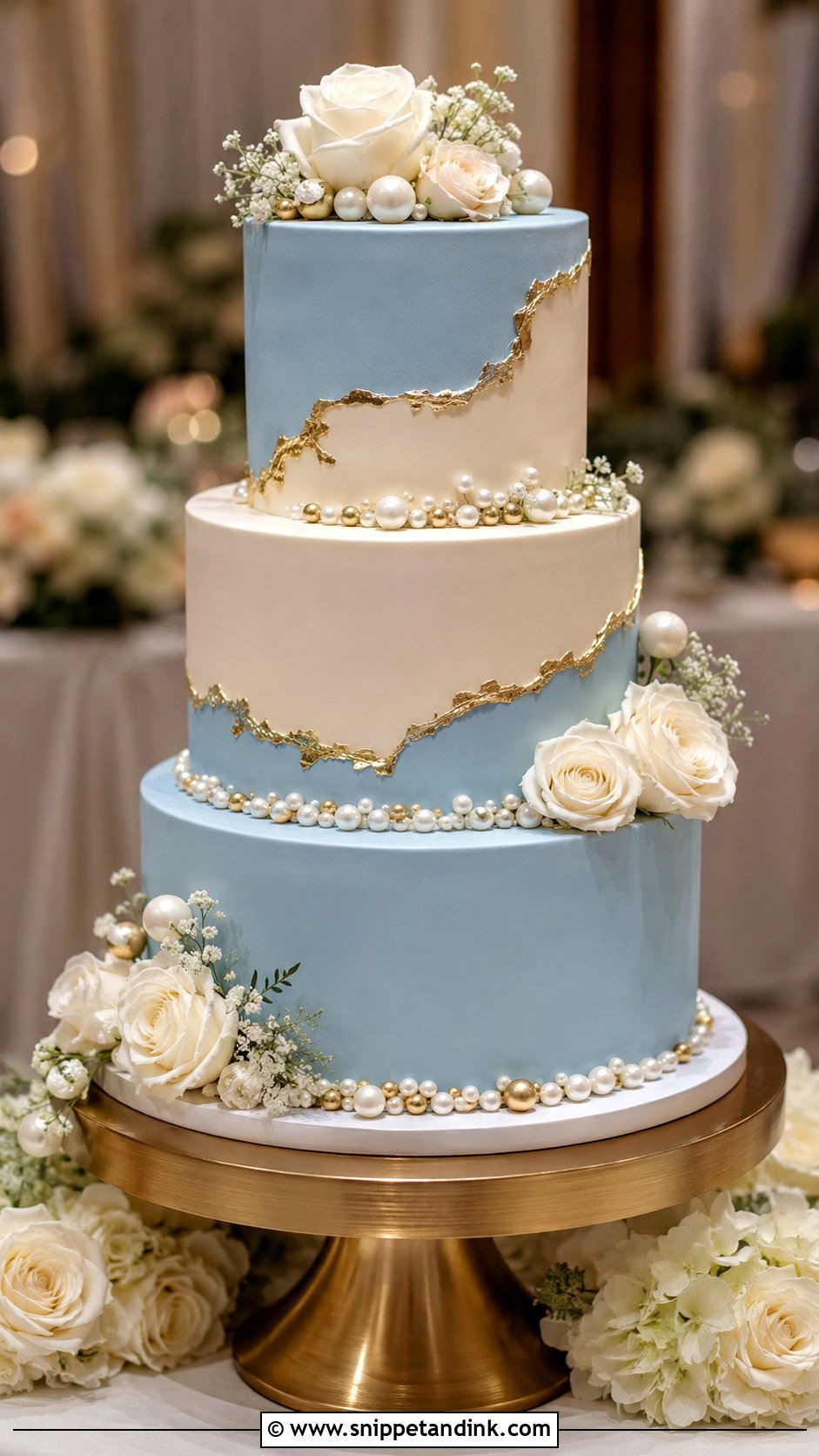 Sky Blue And Gold Wedding Cake - Snippet and Ink - 25 Sky Blue Wedding Cake Ideas