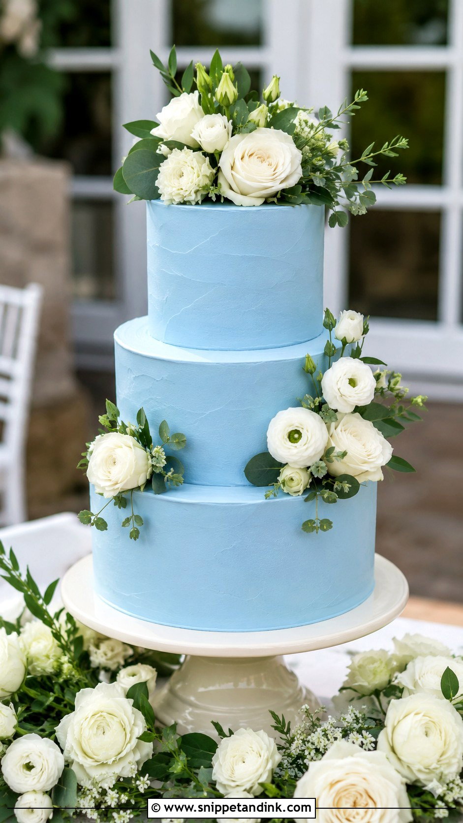 Sky Blue Cake With Fresh Flowers - Snippet and Ink - 25 Sky Blue Wedding Cake Ideas