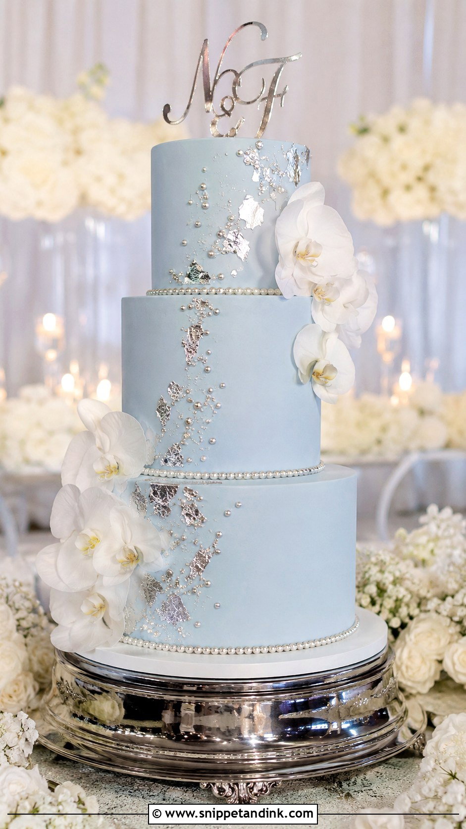 Sky Blue Cake With Silver Details - Snippet and Ink - 25 Sky Blue Wedding Cake Ideas
