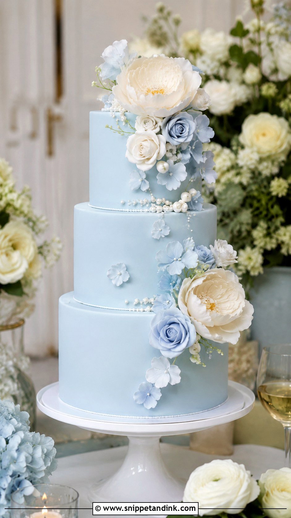 Sky Blue Cake With Sugar Flowers - Snippet and Ink - 25 Sky Blue Wedding Cake Ideas
