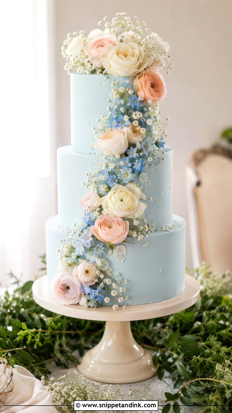 Sky Blue Floral Wedding Cake - Snippet and Ink - 25 Sky Blue Wedding Cake Ideas