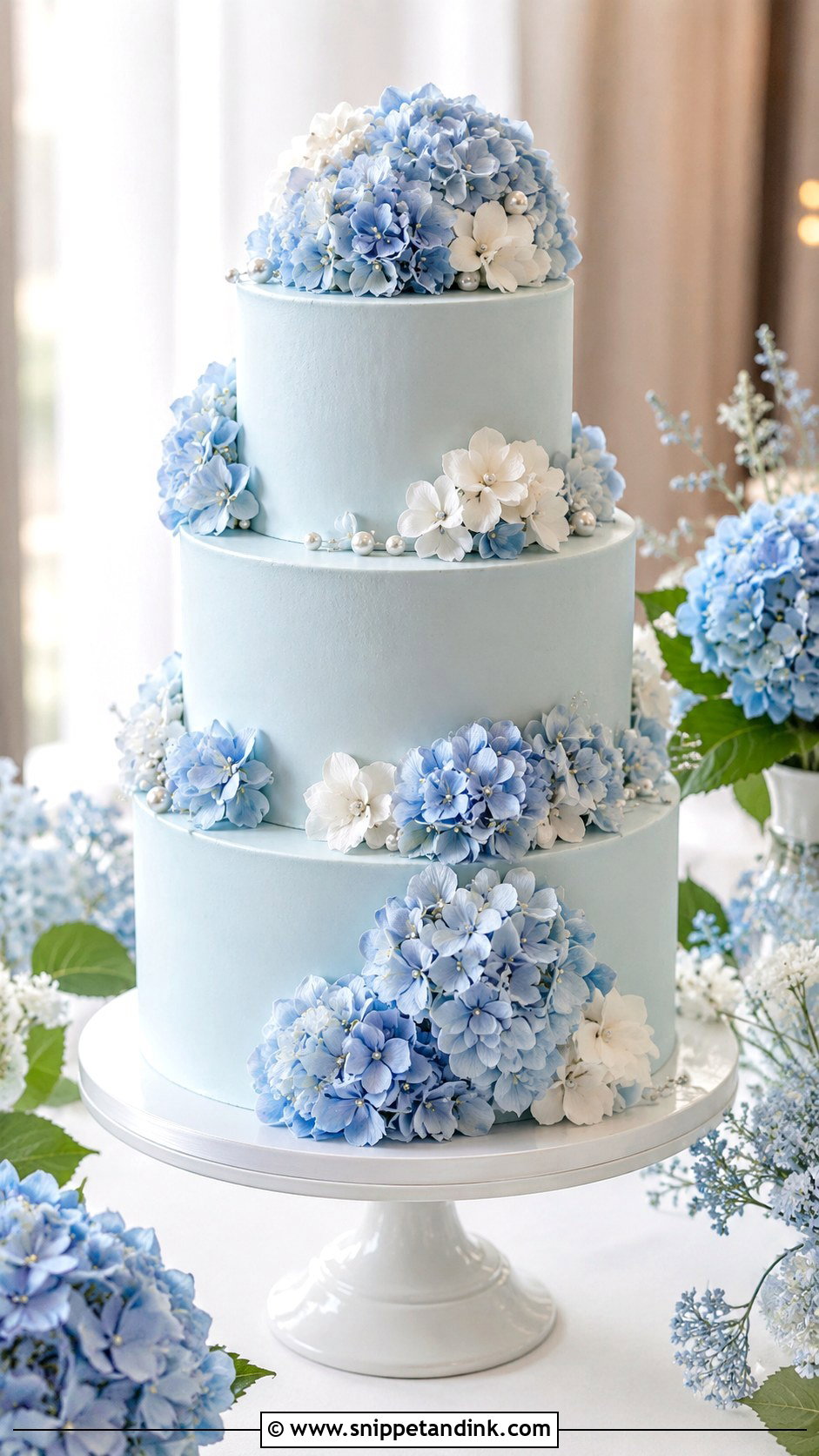 Sky Blue Hydrangea Wedding Cake - Snippet and Ink - 25 Sky Blue Wedding Cake Ideas