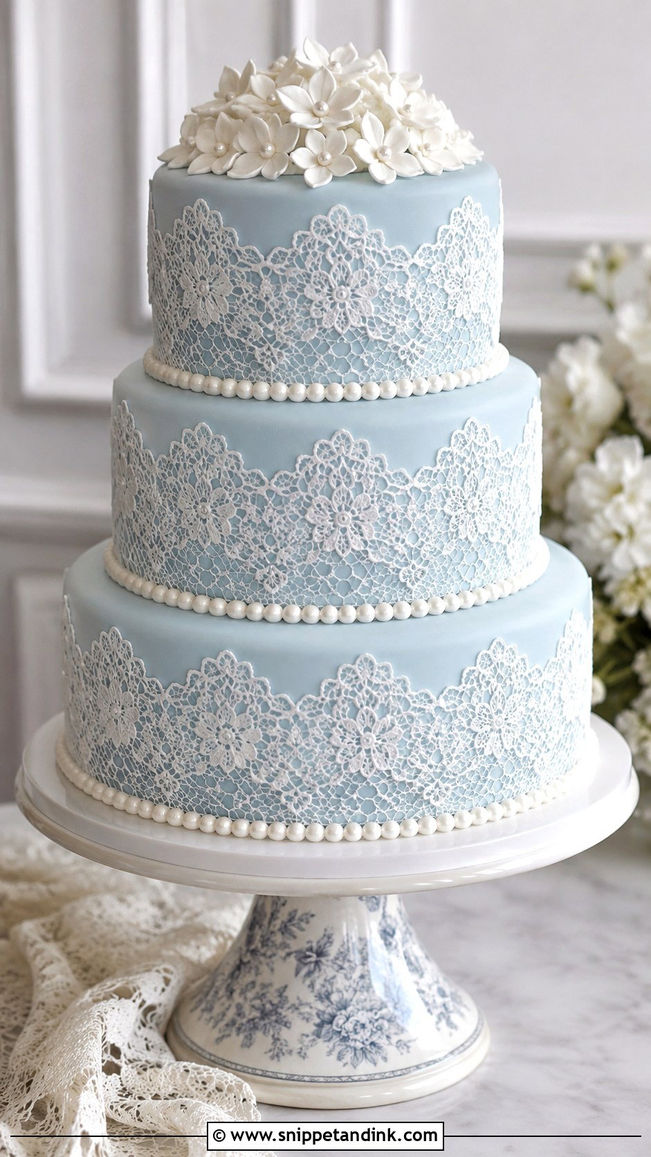 Sky Blue Lace Wedding Cake - Snippet and Ink - 25 Sky Blue Wedding Cake Ideas