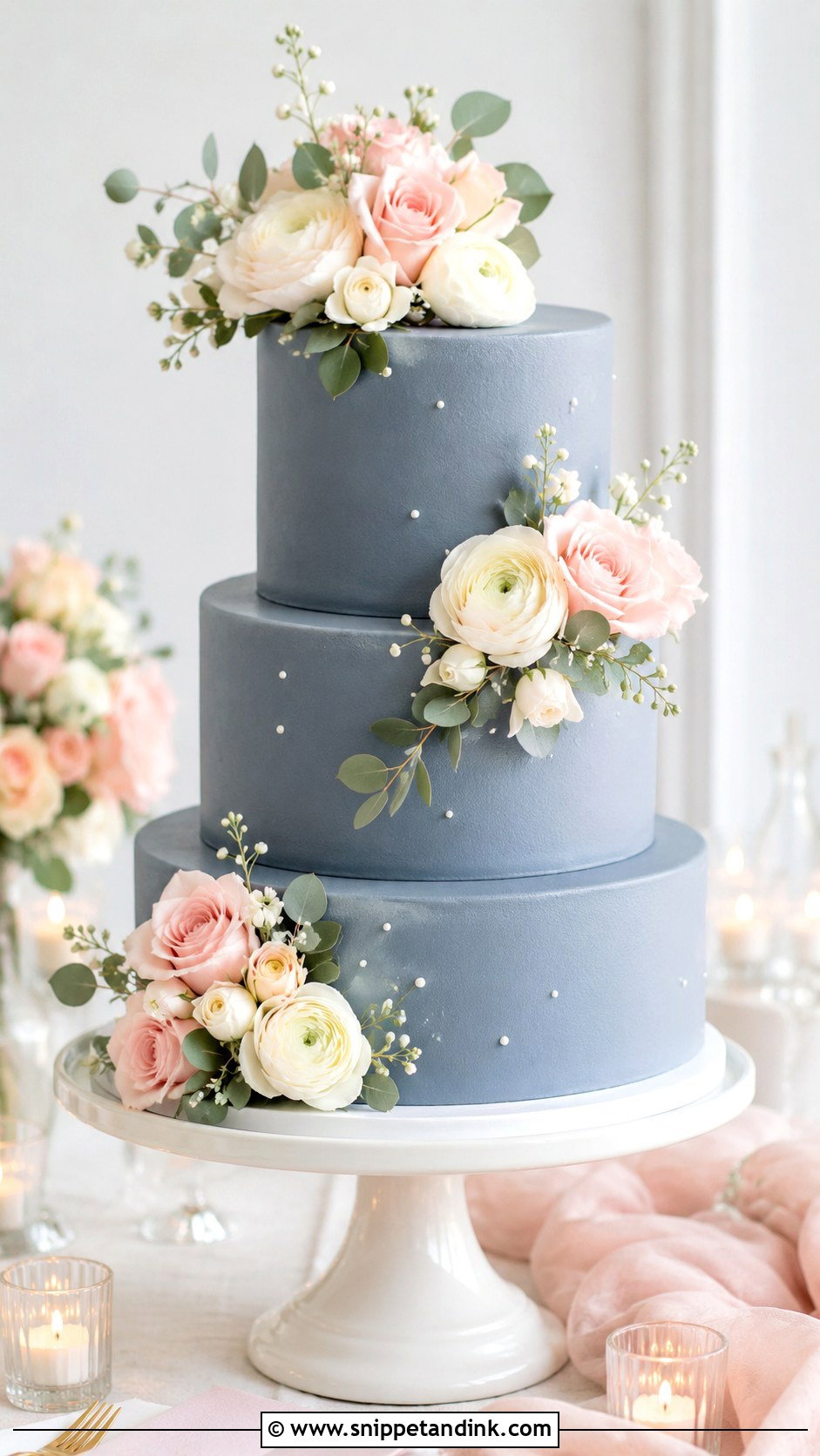 Slate Blue Wedding Cake With Blush Flowers - Snippet and Ink - 20 Slate Blue Wedding Cake Ideas
