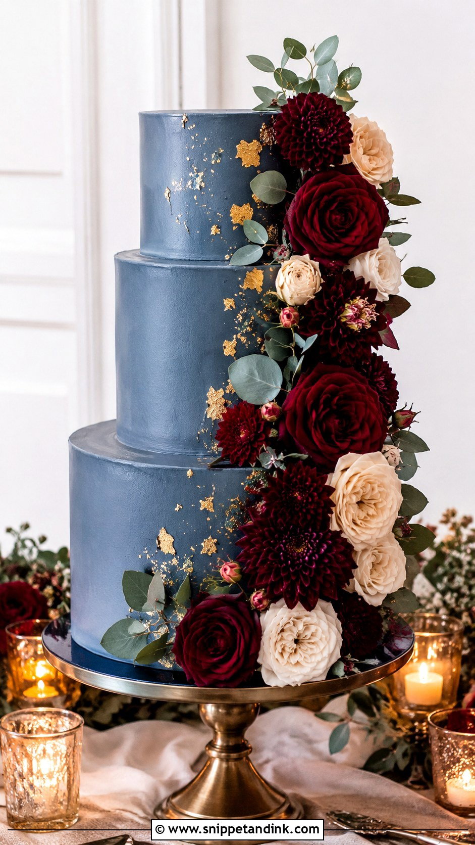 Slate Blue Wedding Cake With Burgundy Flowers - Snippet and Ink - 20 Slate Blue Wedding Cake Ideas