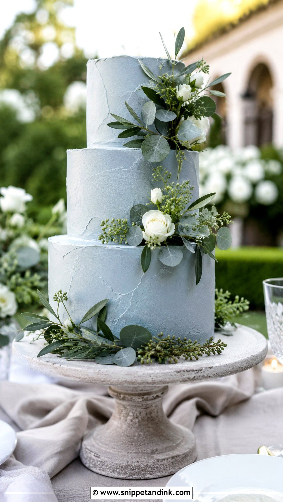 Slate Blue Wedding Cake With Fresh Greenery - Snippet and Ink - 20 Slate Blue Wedding Cake Ideas
