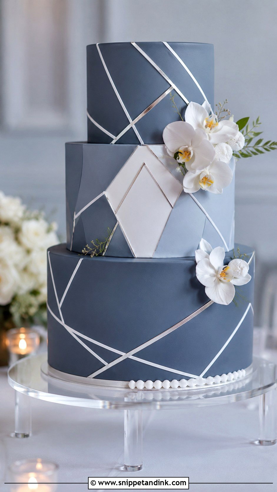 Slate Blue Wedding Cake With Geometric Lines - Snippet and Ink - 20 Slate Blue Wedding Cake Ideas