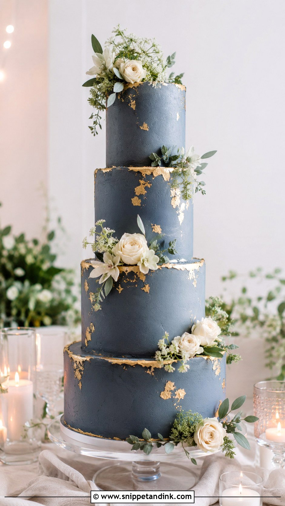 Slate Blue Wedding Cake With Gold Leaf - Snippet and Ink - 20 Slate Blue Wedding Cake Ideas