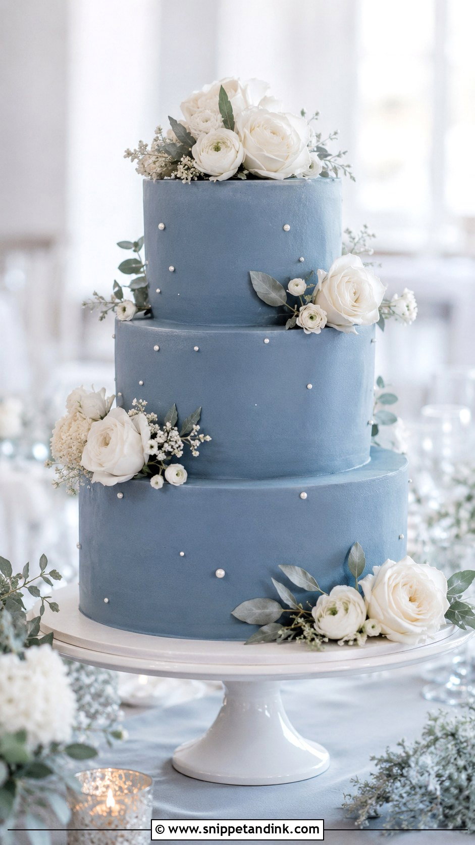 Slate Blue Wedding Cake With Pearl Accents - Snippet and Ink - 20 Slate Blue Wedding Cake Ideas
