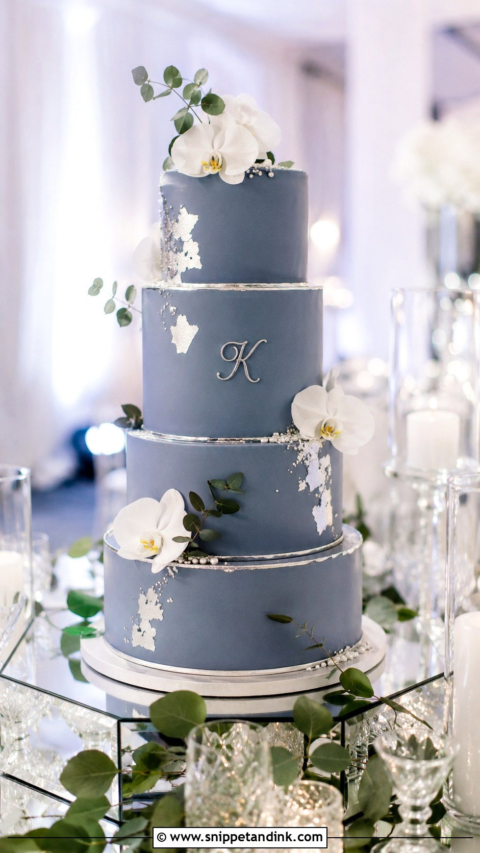 Slate Blue Wedding Cake With Silver Details - Snippet and Ink - 20 Slate Blue Wedding Cake Ideas