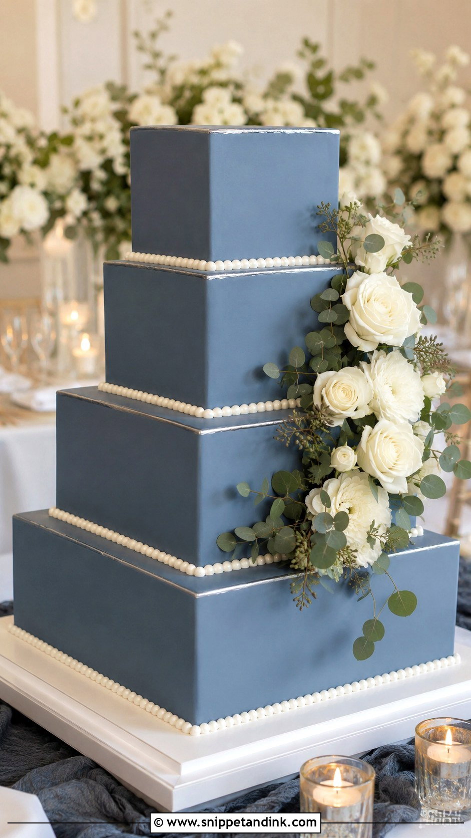 Slate Blue Wedding Cake With Square Tiers - Snippet and Ink - 20 Slate Blue Wedding Cake Ideas