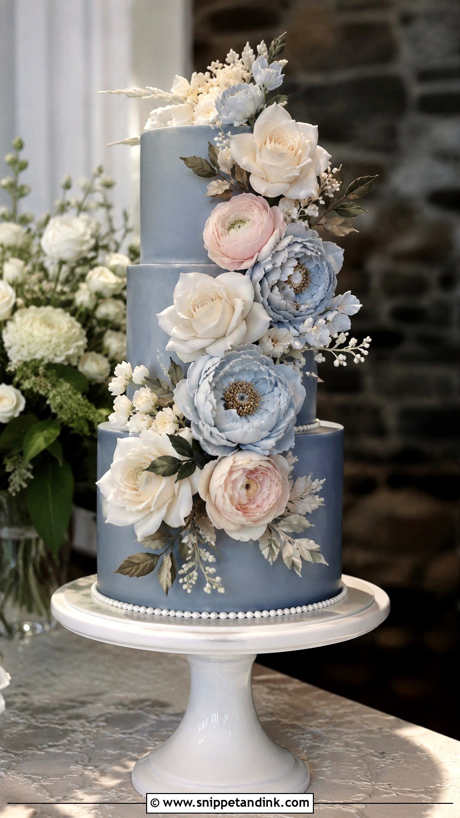 Slate Blue Wedding Cake With Sugar Flowers - Snippet and Ink - 20 Slate Blue Wedding Cake Ideas