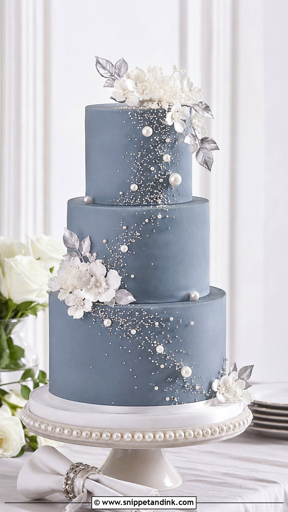 Slate Blue Wedding Cake With White Flowers - Snippet and Ink - 20 Slate Blue Wedding Cake Ideas