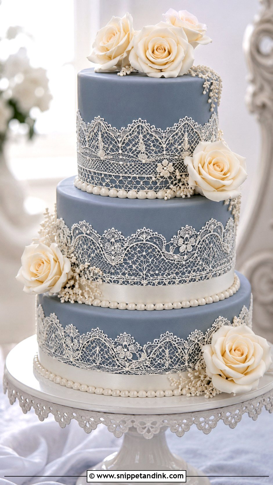 Slate Blue Wedding Cake With White Lace - Snippet and Ink - 20 Slate Blue Wedding Cake Ideas