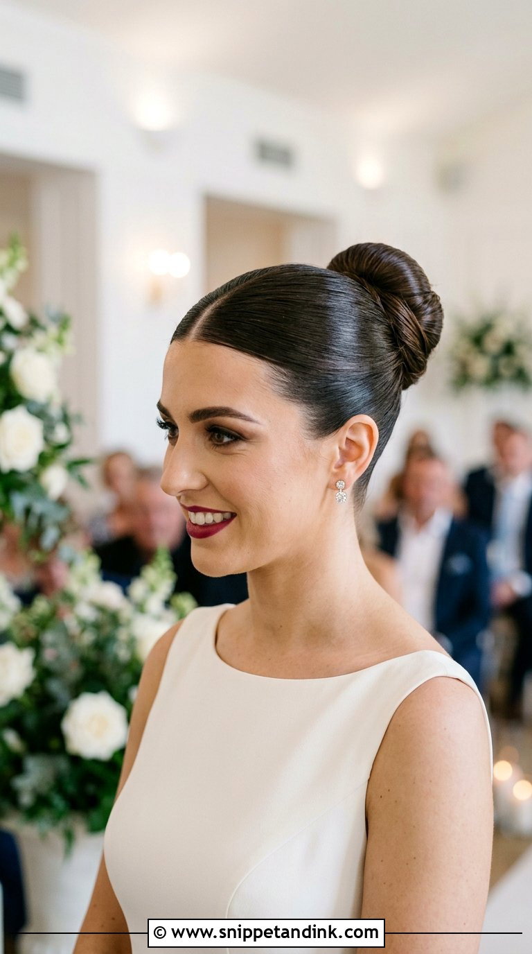 Sleek Ballerina Bun Bridal Hairstyle - Snippet and Ink - 20 Bridal Hairstyles Front View