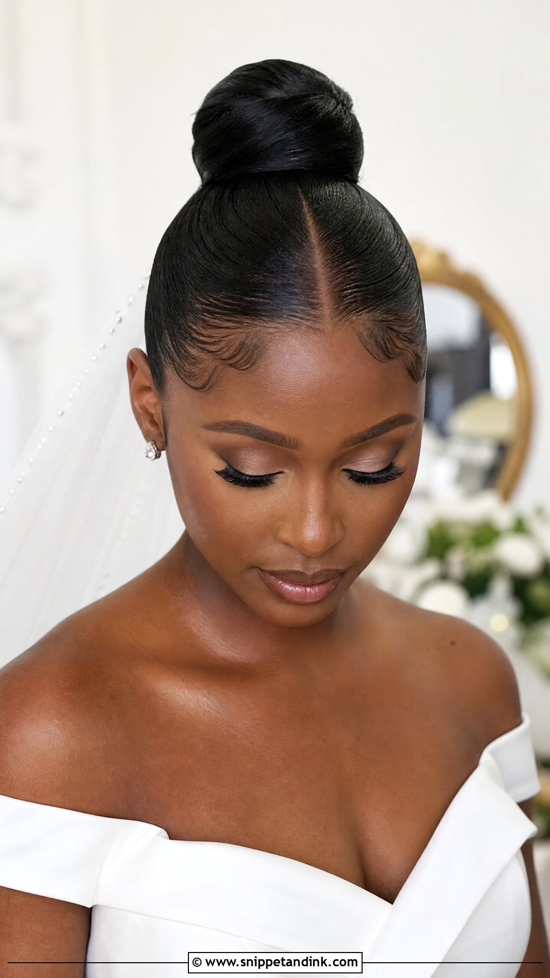 Sleek Ballerina Bun With Center Part - Snippet and Ink - 20 Bridal Hairstyle Black Women Ideas
