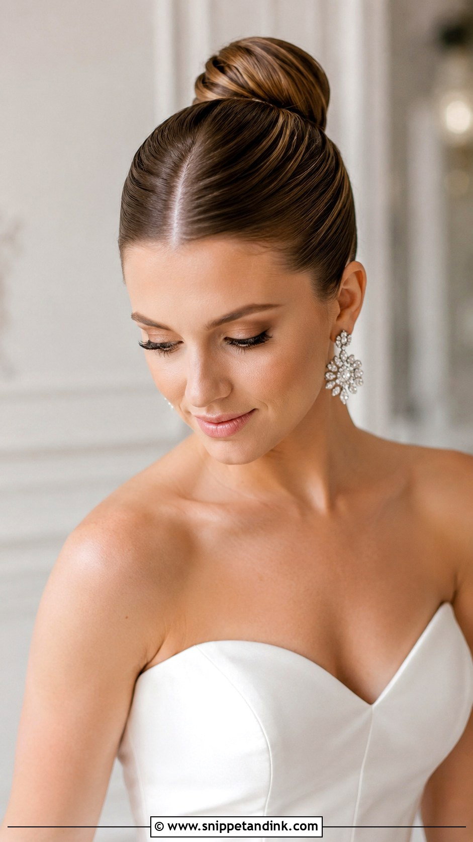 Sleek Ballerina Bun With Center Part - Snippet and Ink - 25 Wedding Hair Updo Front View Ideas