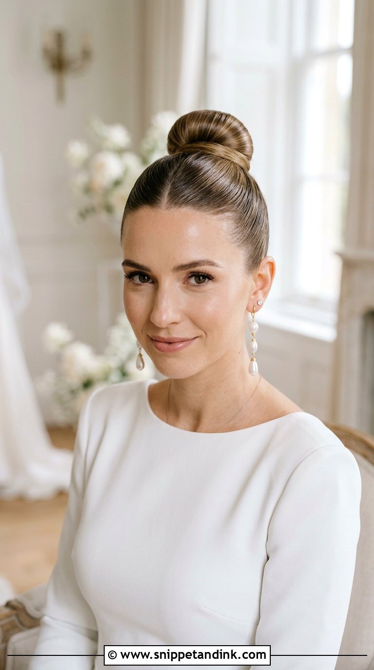 Sleek Ballerina Bun With Center Part - Snippet and Ink - 20 Bridal Wedding Hair Updo Ideas