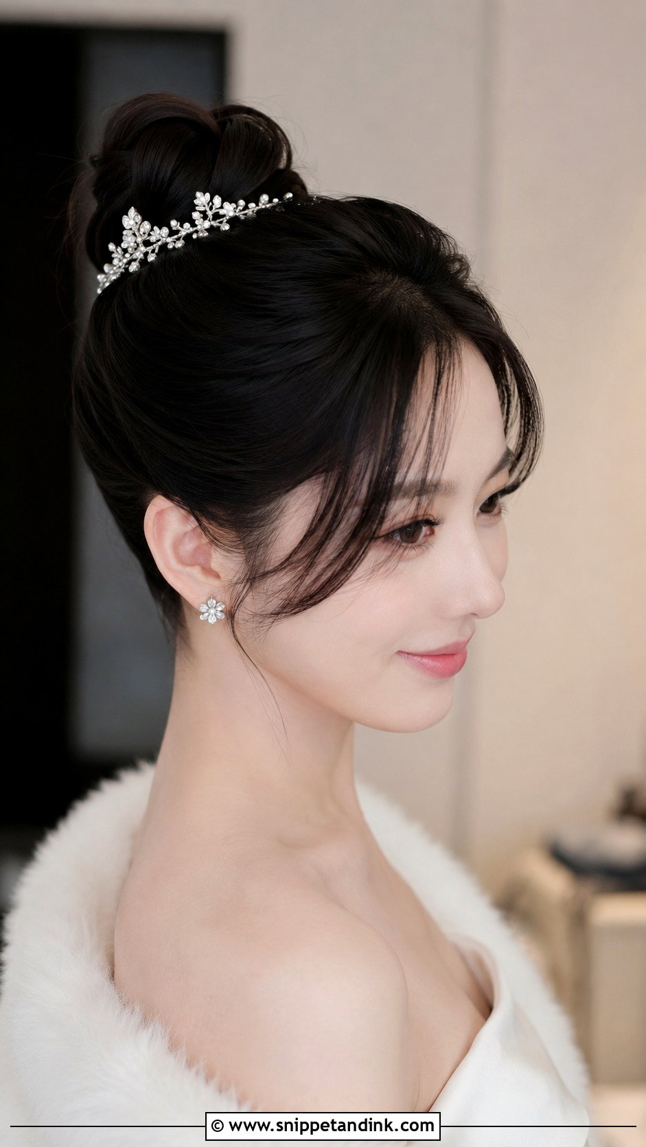 Sleek Ballerina Bun With Curtain Bangs - Snippet and Ink - 20 Wedding Updo with Bangs Ideas