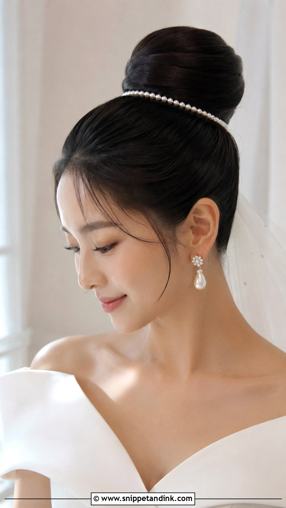 Sleek Ballerina Bun With Pearl Band - Snippet and Ink - 20 Bridal Updo with Headband Ideas
