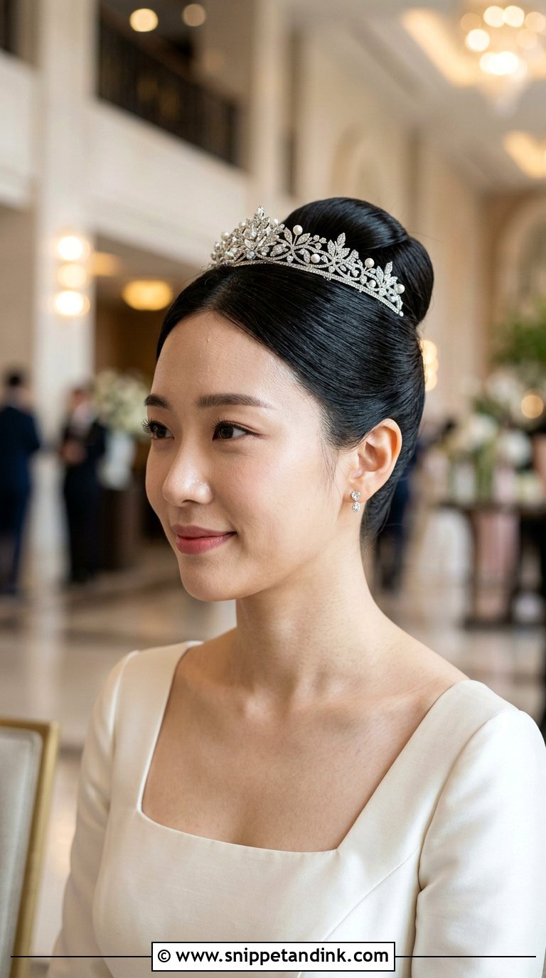 Sleek Ballerina Bun with Tiara - Snippet and Ink - 20 Bridal Hair with Crown Ideas