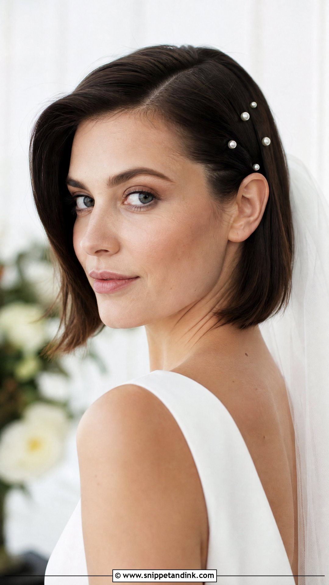 Sleek Bob With Pearl Pins - Snippet and Ink - 20 Bob Hairstyle Wedding Ideas