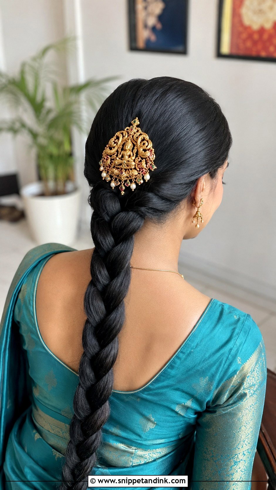 Sleek Braid With Statement Hair Piece - Snippet and Ink - 25 South Indian Wedding Braids Hairstyles