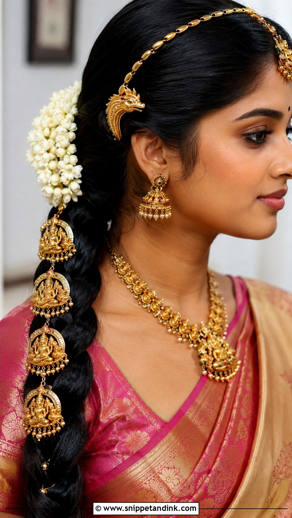 Sleek Braid With Temple Jewelry - Snippet and Ink - 20 Indian Braided Wedding Hairstyles