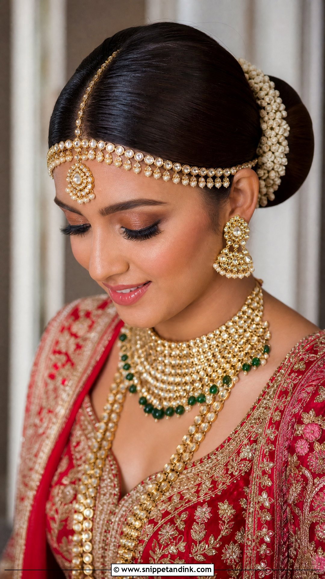 Sleek Bridal Bun With Matha Patti - Snippet and Ink - 15 Bridal Hairstyles with Matha Patti