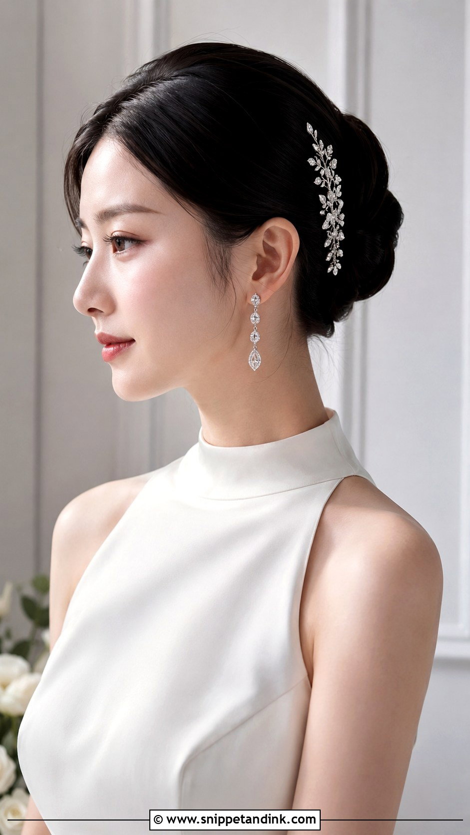 Sleek Bridal Updo With Side Crystal Clip - Snippet and Ink - 15 Side Bridal Hair Clip Ideas