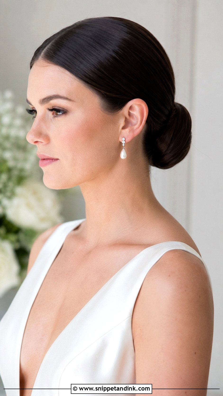 Sleek Brunette Low Bun Wedding Hair - Snippet and Ink - 15 Low Bun Brunette Wedding Hair Ideas