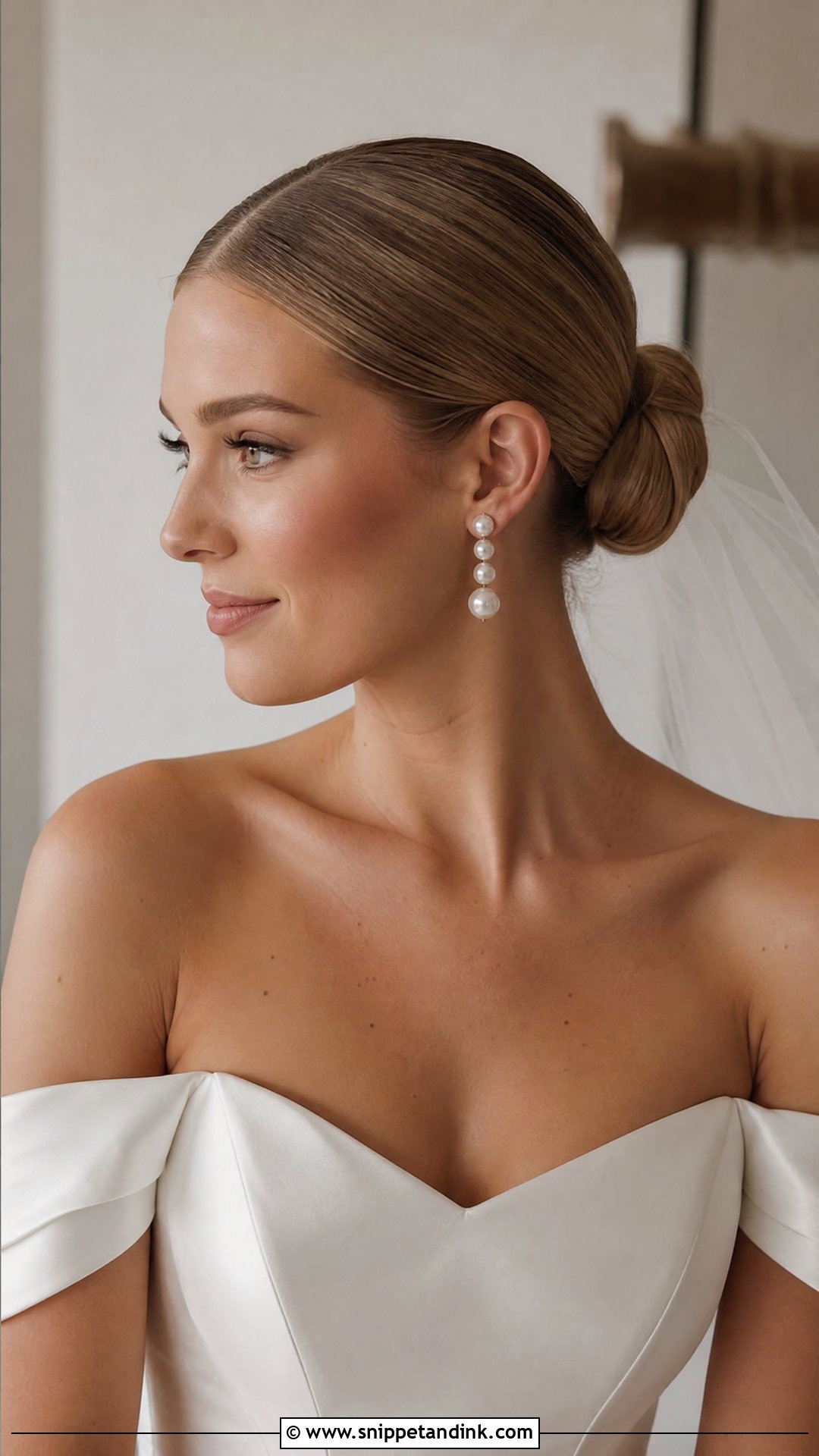 Sleek Bun Wedding Hairstyle For Off The Shoulder Dress - Snippet and Ink - 20 Off the Shoulder Wedding Hairstyles