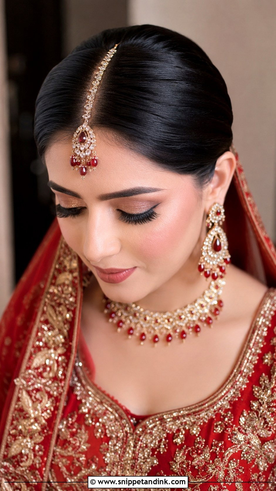 Sleek Bun With Center Part - Snippet and Ink - 20 Pakistani Barat Bridal Hair Styles