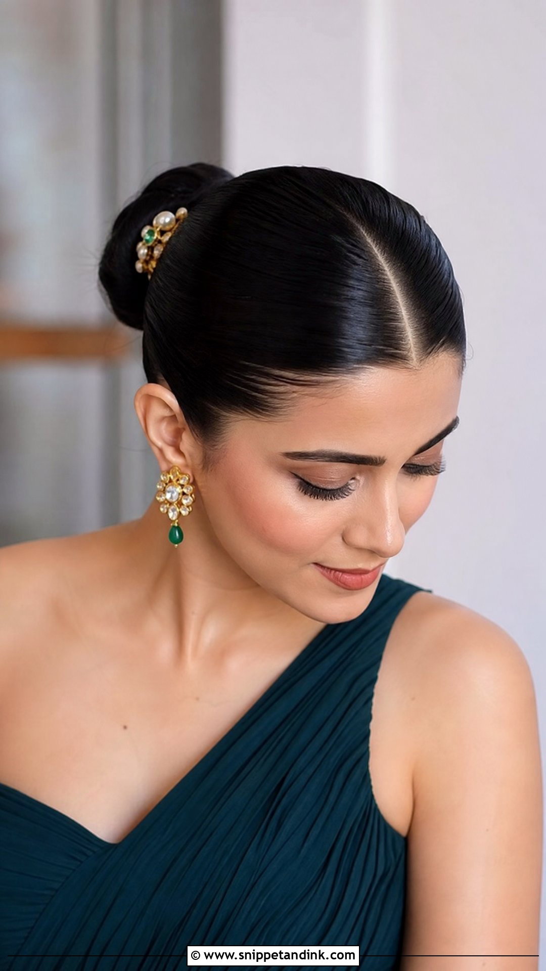 Sleek Bun With Center Part - Snippet and Ink - 20 Indian Wedding Bun Hairstyle Ideas