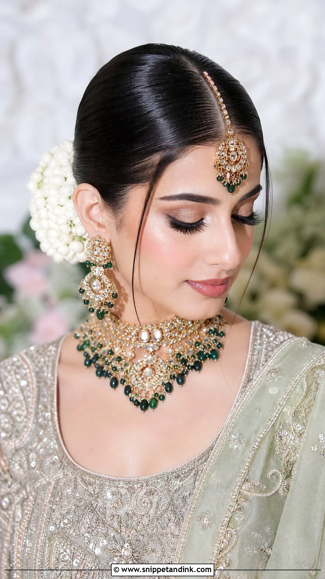 Sleek Bun With Center Part And Gajra - Snippet and Ink - 20 Pakistani Bridal Hairstyles Nikah