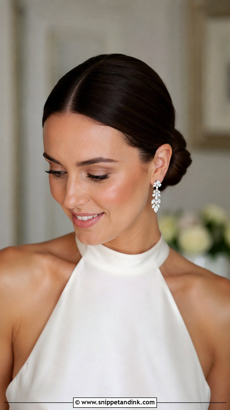 Sleek Bun With Center Part Wedding Hair - Snippet and Ink - 30 Wedding Hair Bun Ideas