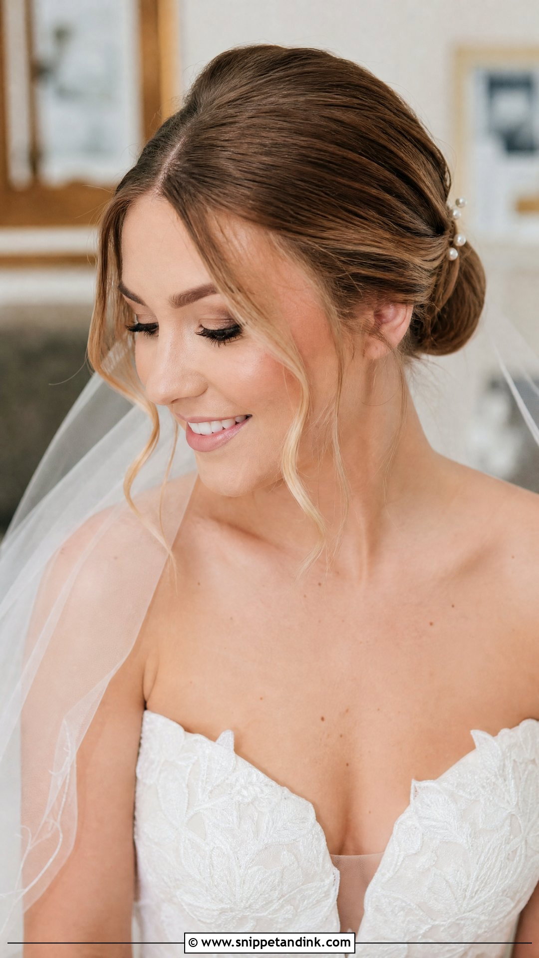 Sleek Bun With Center Part and Tendrils - Snippet and Ink - 20 Wedding Hairstyle for Straight Hair Ideas
