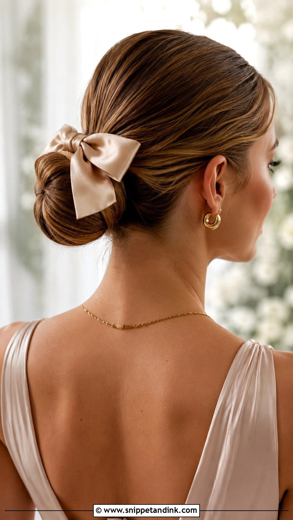 Sleek Bun With Champagne Bow - Snippet and Ink - 20 Bridal Hair Bow Ideas
