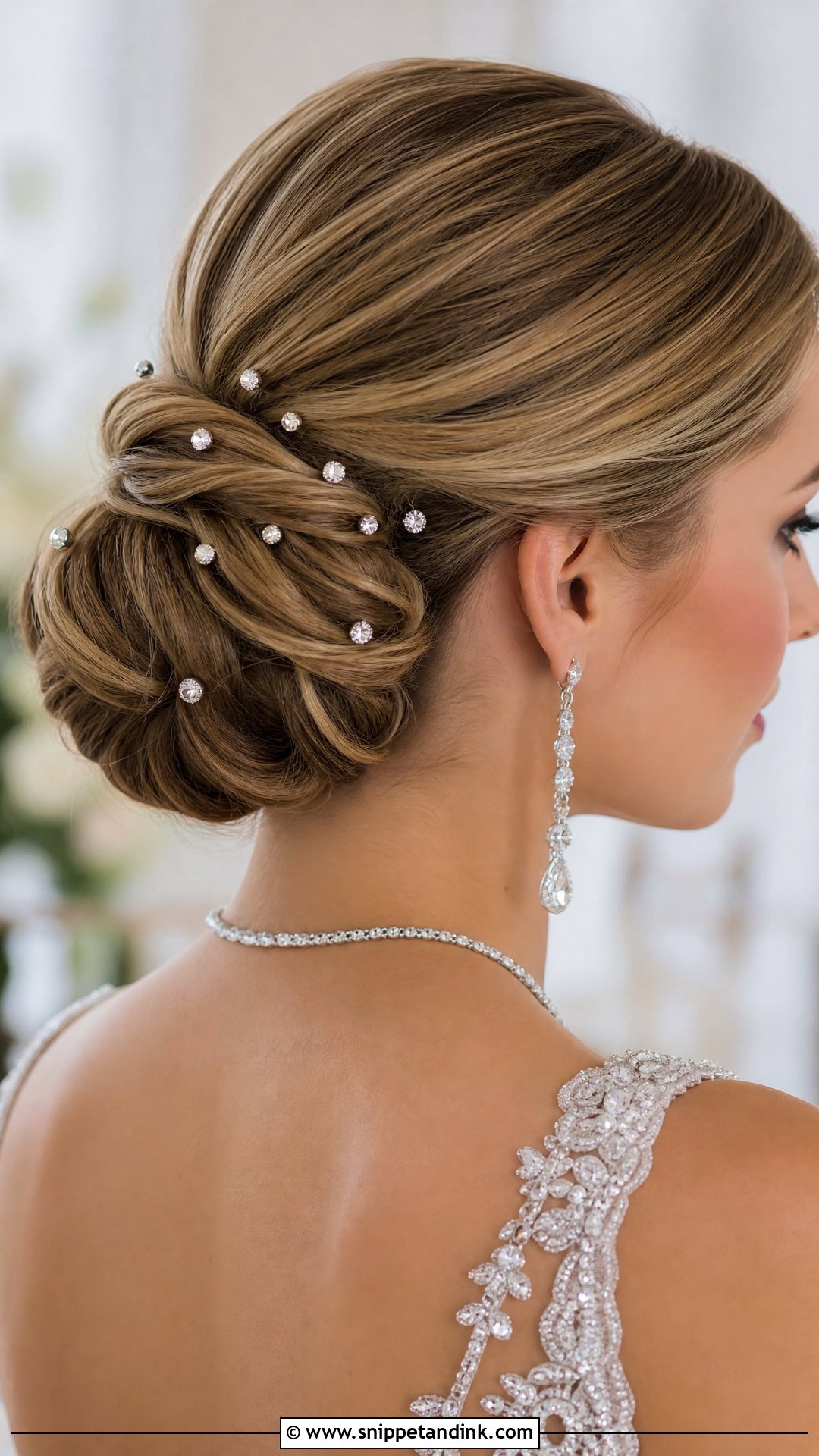 Sleek Bun With Crystal Pins - Snippet and Ink - 20 Sleek Wedding Updo Ideas