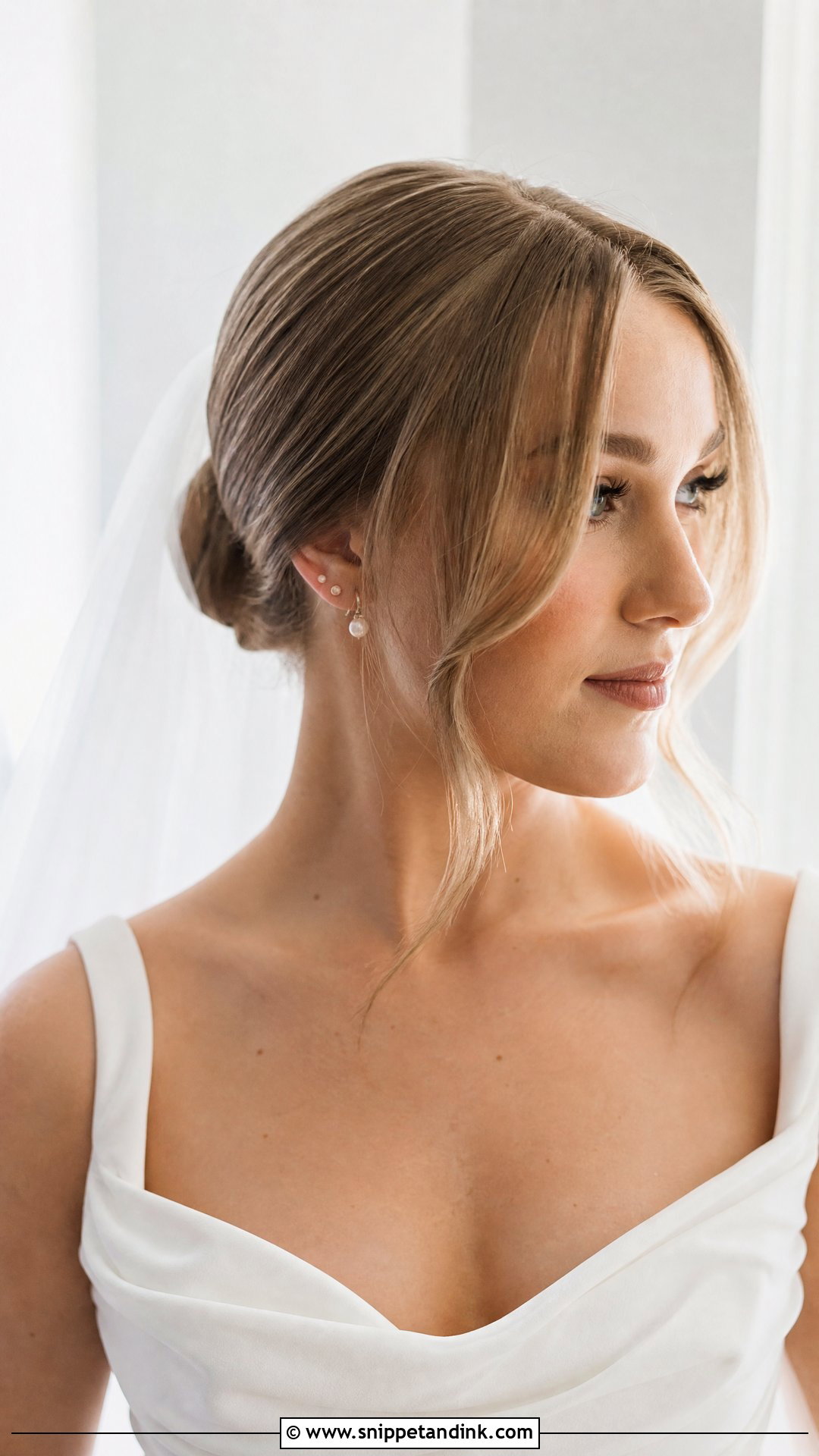 Sleek Bun With Curtain Bangs - Snippet and Ink - 20 Sleek Bridal Hair Ideas